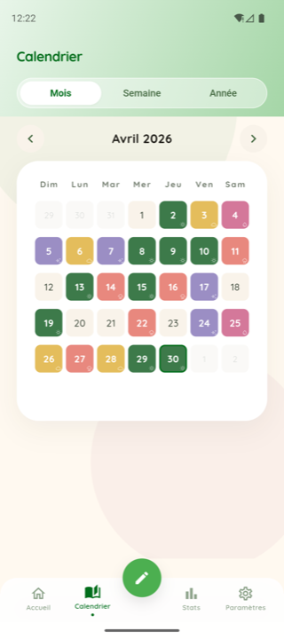 Écran calendrier avec cases colorées