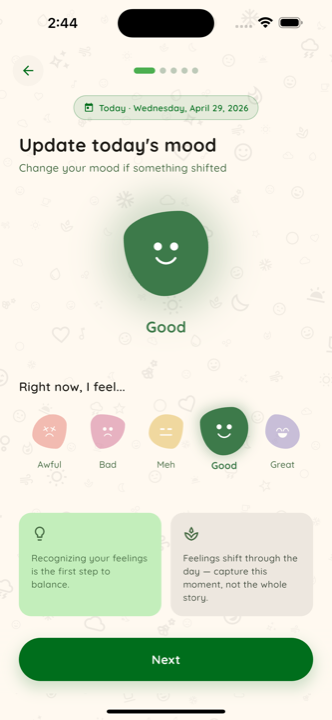 Mood entry screen showing five mood options